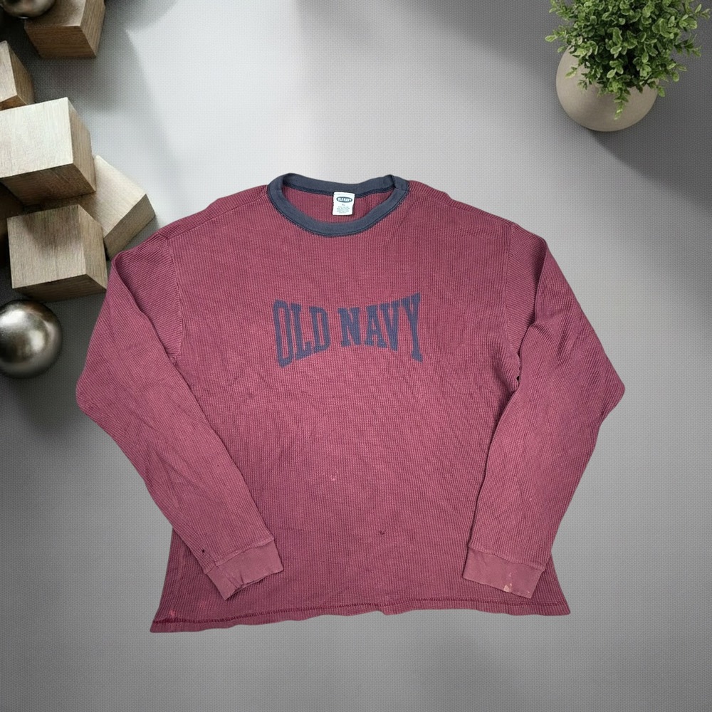 Vintage 90s Old Navy Thermal Ringer Shirt XL Burgundy Spellout Boxy Skater Y2K